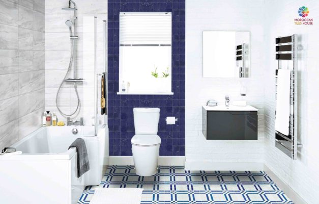 Stunning Combination of Blue mosaic & blue-white cement tile in a Bathroom